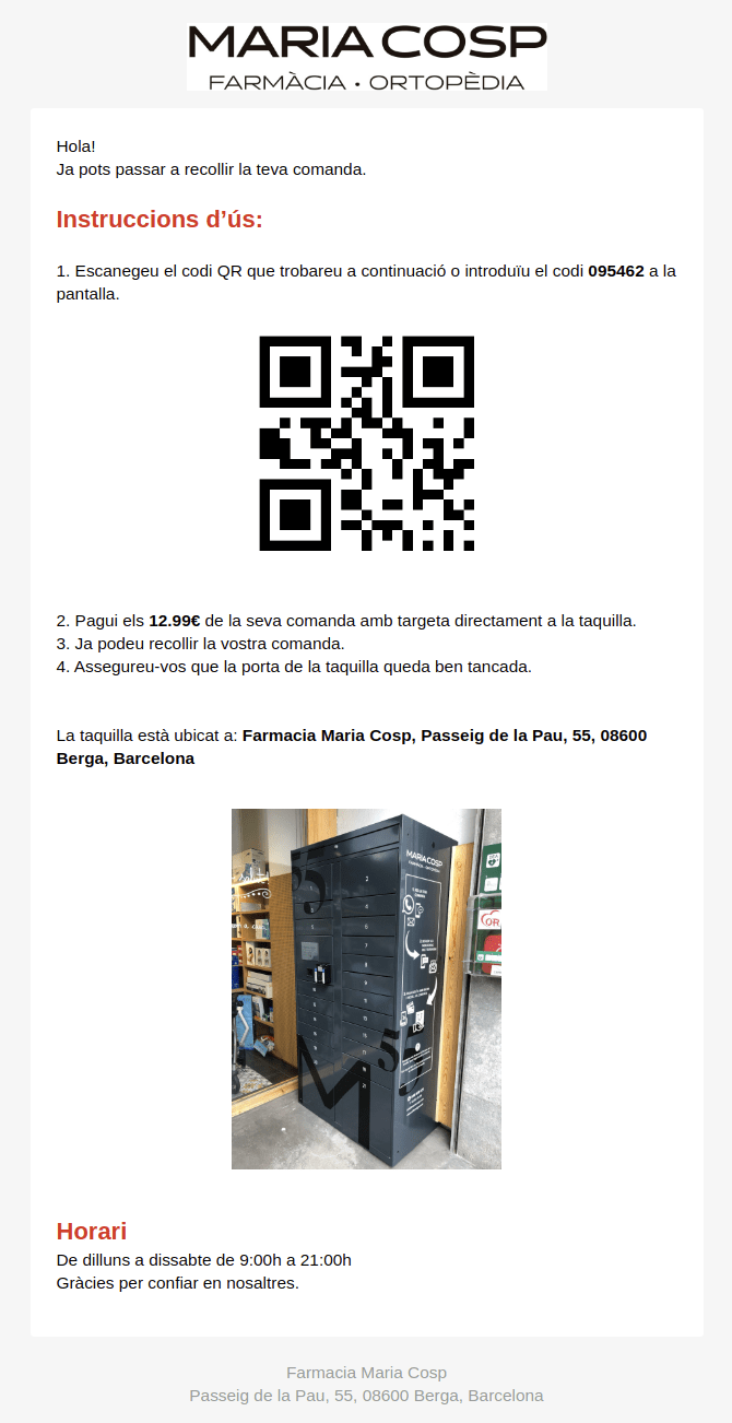 Email de aviso personalizado de la Farmacia Maria Cosp con el código QR de recogida