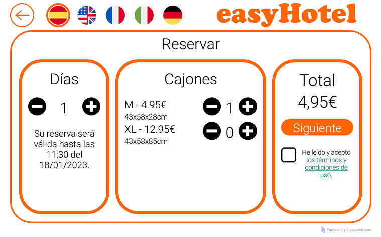 easyHotel selección de tamaños y plazo de reserva