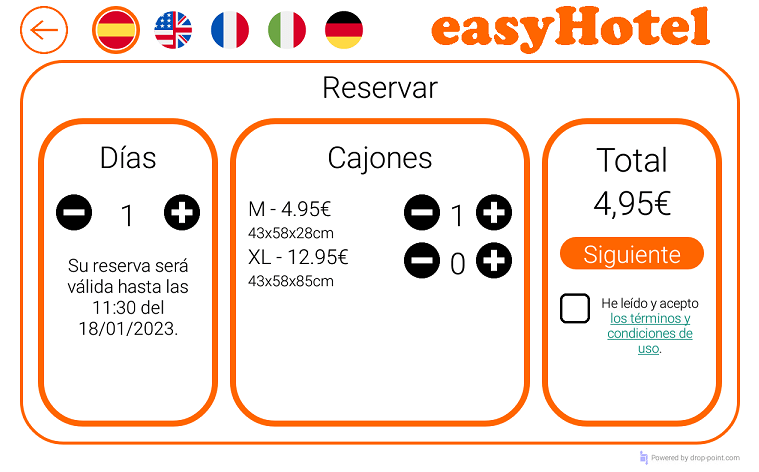 Pantalla de selección de tamaños y plazo de reserva