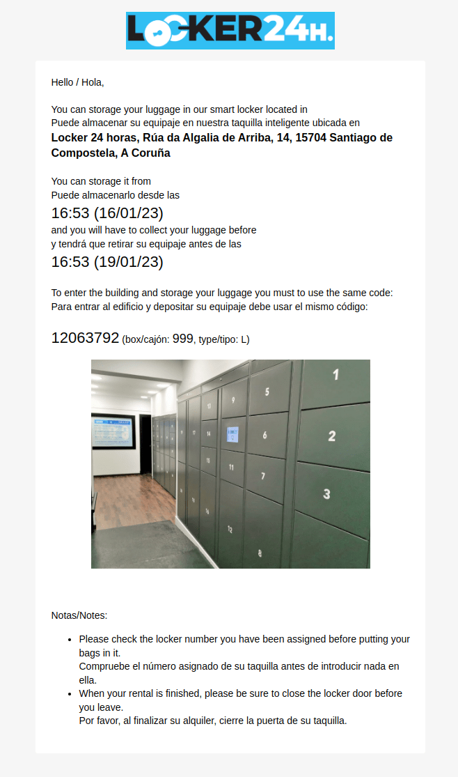 Email de confirmación de la reserva en Locker24H, con el código de acceso