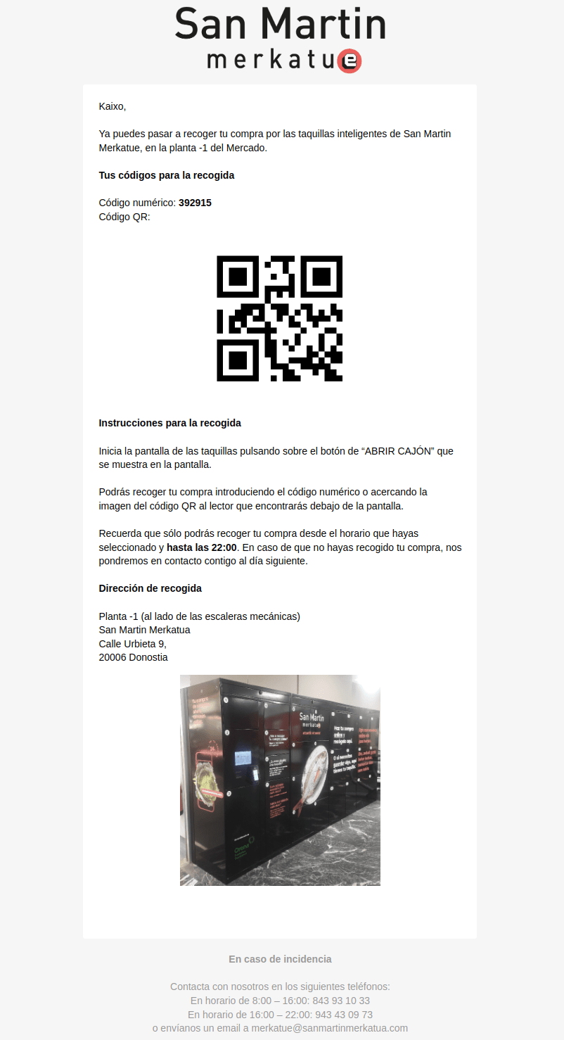 Email de notificación a los clientes del Mercado San Martín, con el código y el QR