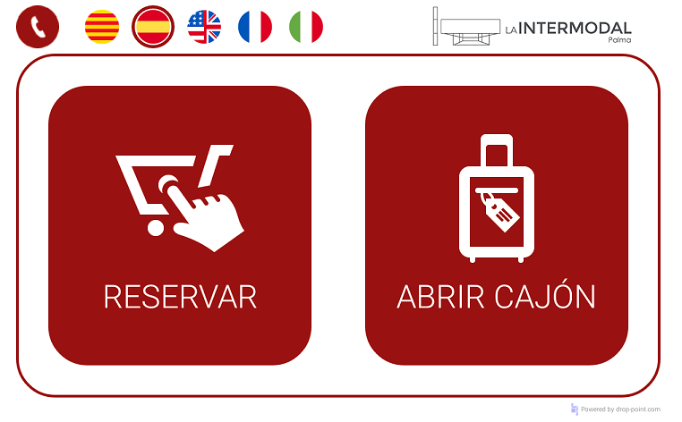 Interfaz de la consigna de La Intermodal: reservar o abrir cajón, en cinco idiomas