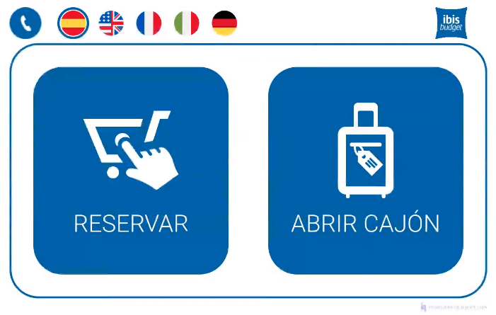 Interfaz de la consigna del IBIS Budget: reservar o abrir cajón