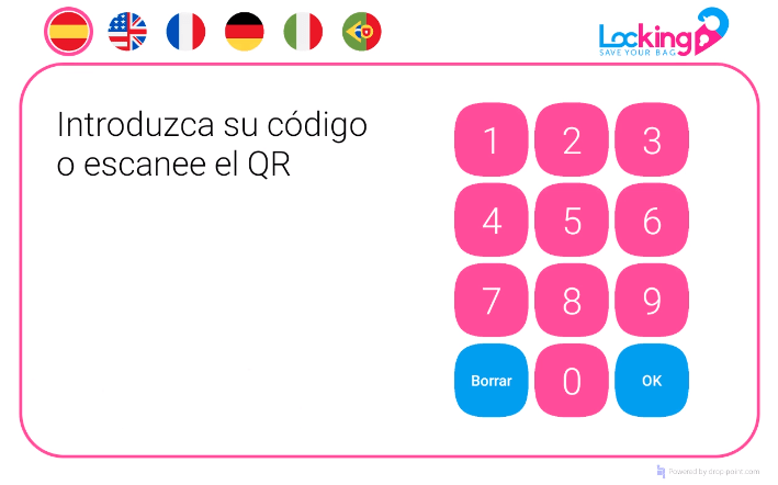 Interfaz de la consigna de Locking: introduzca su código o escanee el QR, en seis idiomas