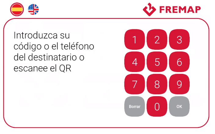 Pantalla de la taquilla de FREMAP: introduzca su código o el teléfono del destinatario o escanee el QR
