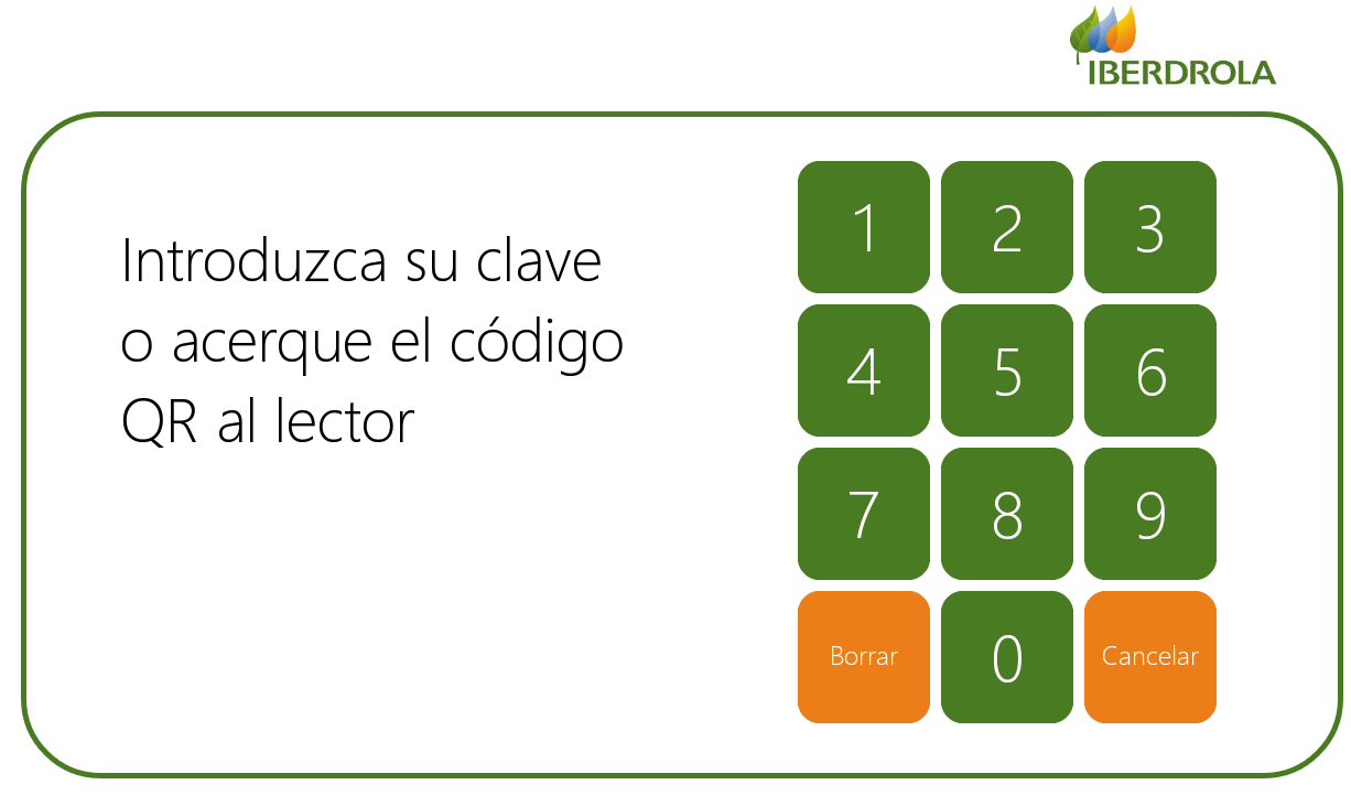 Pantalla del TechLocker de Iberdrola: introduzca su clave o acerque el código QR al lector