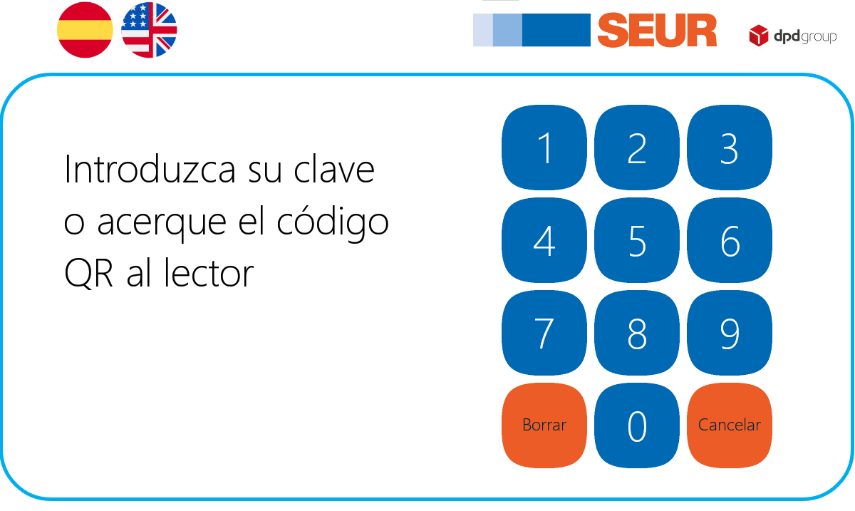 Interfaz de la taquilla SEUR Pickup: introduzca su clave o acerque el código QR